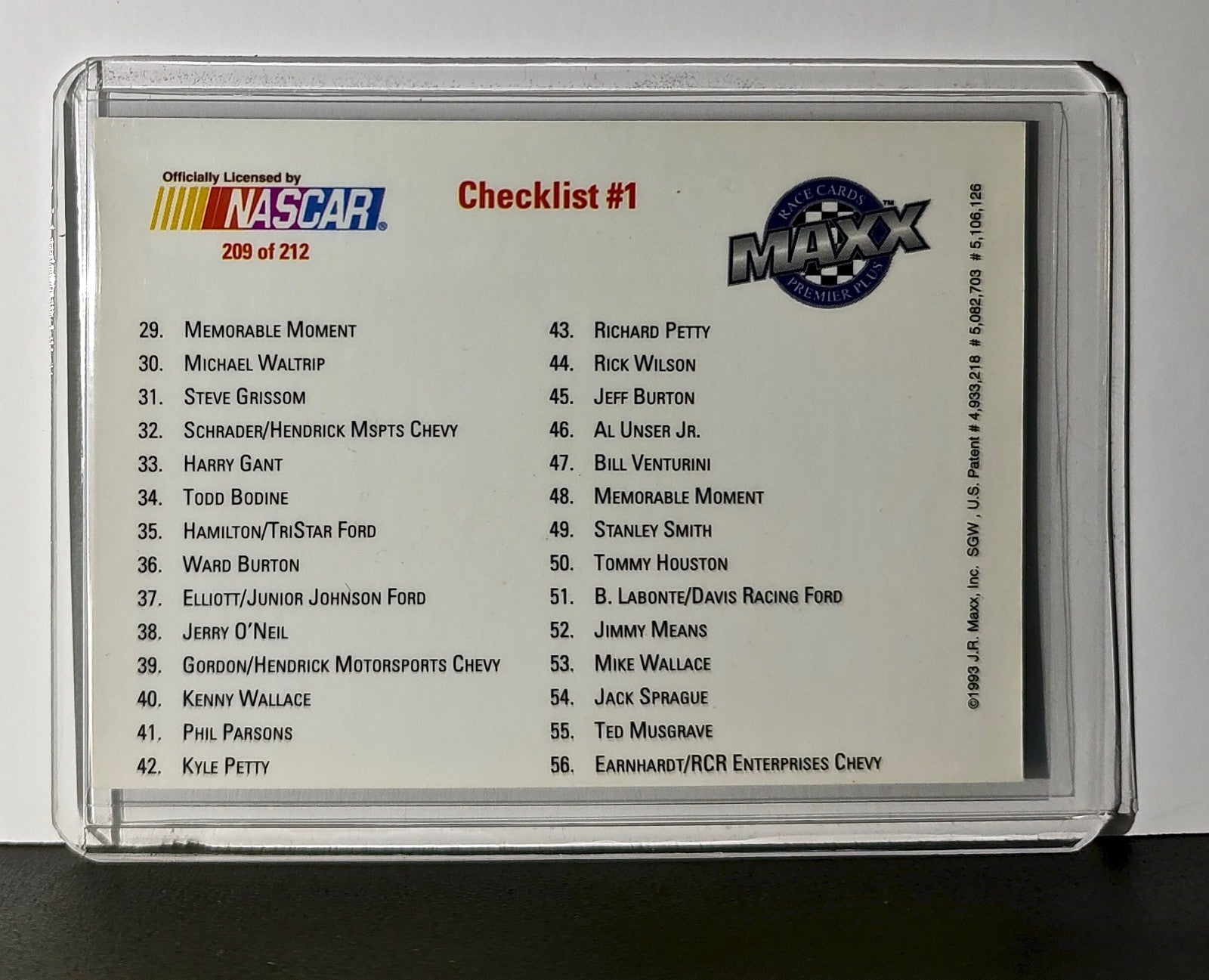 Checklist #1 Checklist 1993 Maxx Premier Plus Racing #209 NASCAR Card