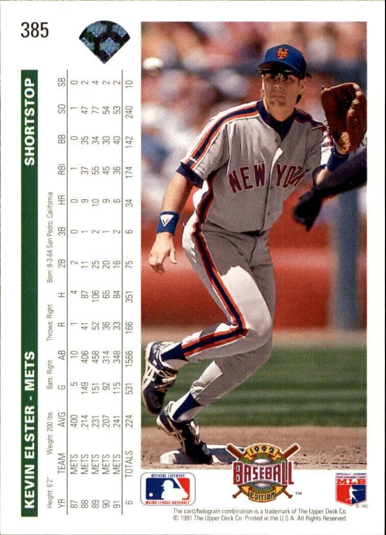 Kevin Elster 1992 Upper Deck MLB #385 Baseball Card New York Mets