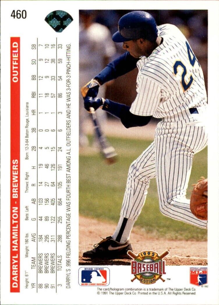 Darryl Hamilton 1992 Upper Deck MLB #460 Baseball Card Milwaukee Brewers