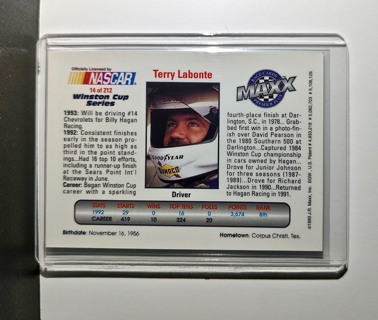 Terry Labonte 1993 Maxx Premier Plus Racing #14 NASCAR Card Hagan Enterprises