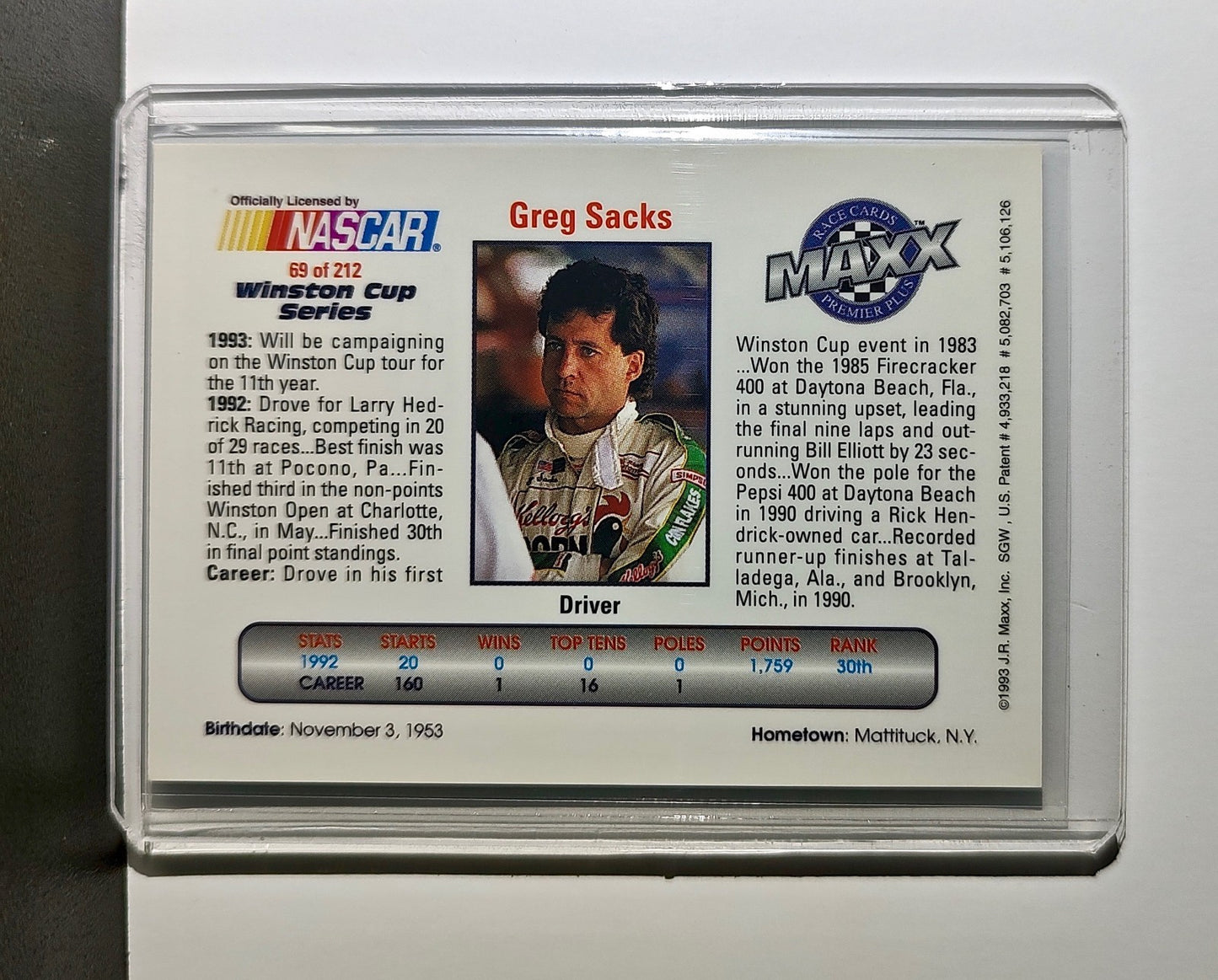 Greg Sacks 1993 Maxx Premier Plus Racing #69 NASCAR Larry Hedrick Motorsports