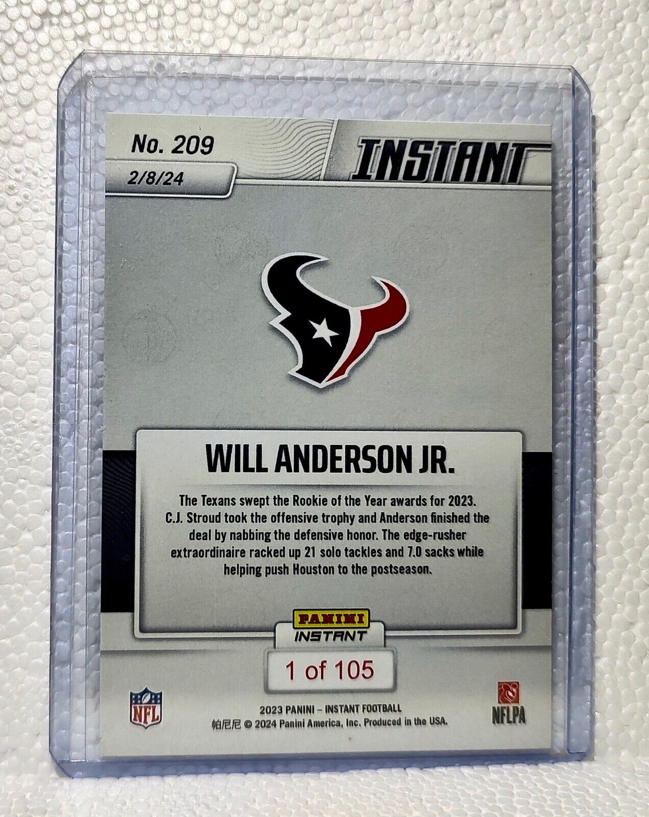 Will Anderson Jr. 2023 Panini NFL Denfensive Rookie of Year #209 Card 1 of 105