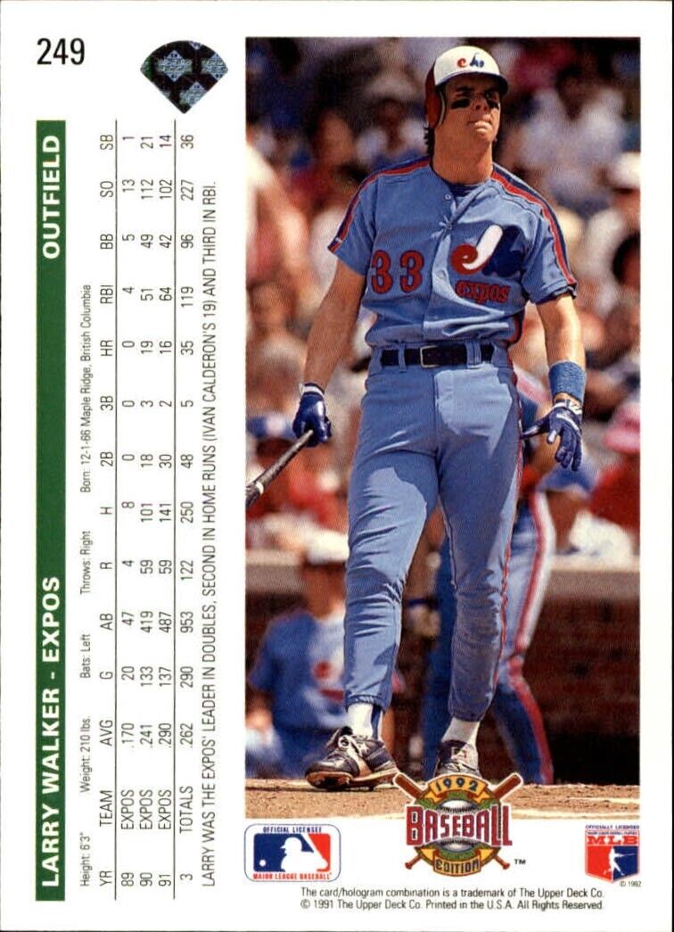 Larry Walker 1992 Upper Deck MLB #249 Baseball Card Montreal Expos