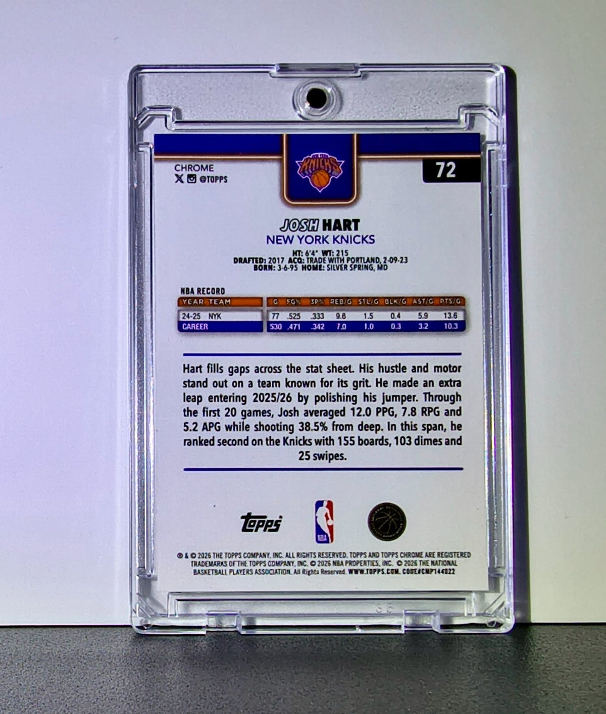 Josh Hart 2025-26 NBA Topps Chrome Update #72 RayWave Refractor Card NY Knicks
