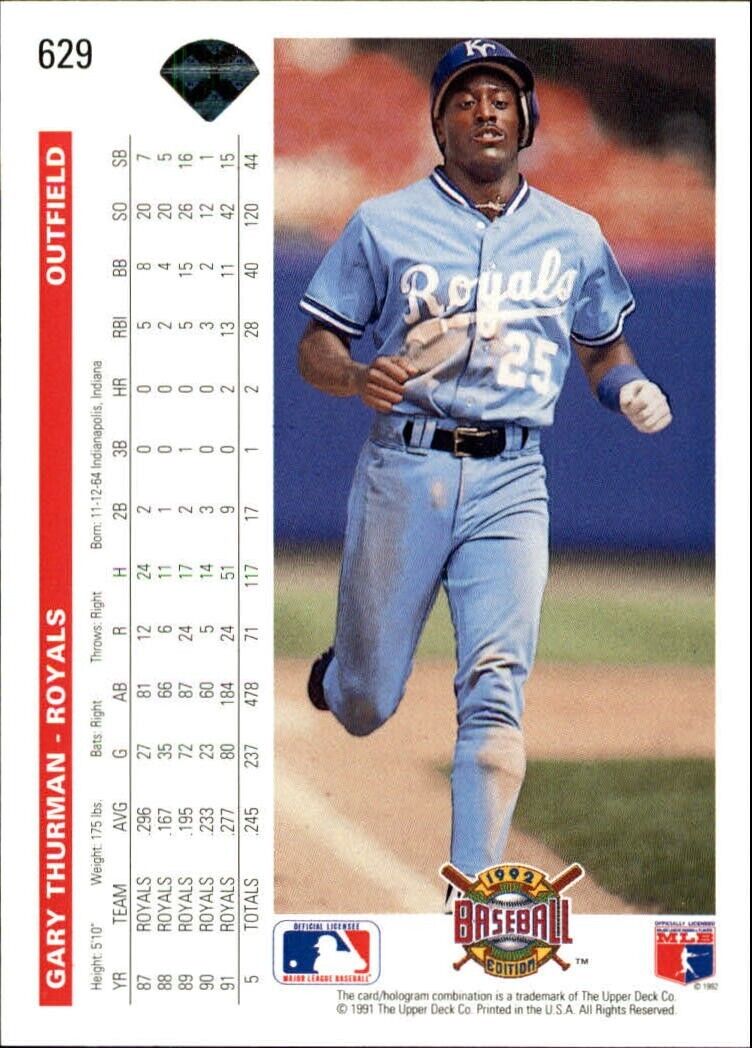 Gary Thurman 1992 Upper Deck MLB #629 Baseball Card Kansas City Royals