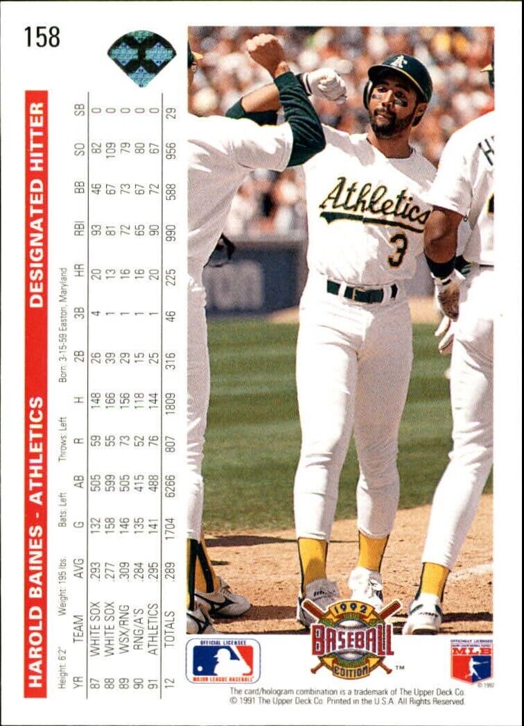 Harold Baines 1992 Upper Deck MLB #158 Baseball Card Oakland Athletics