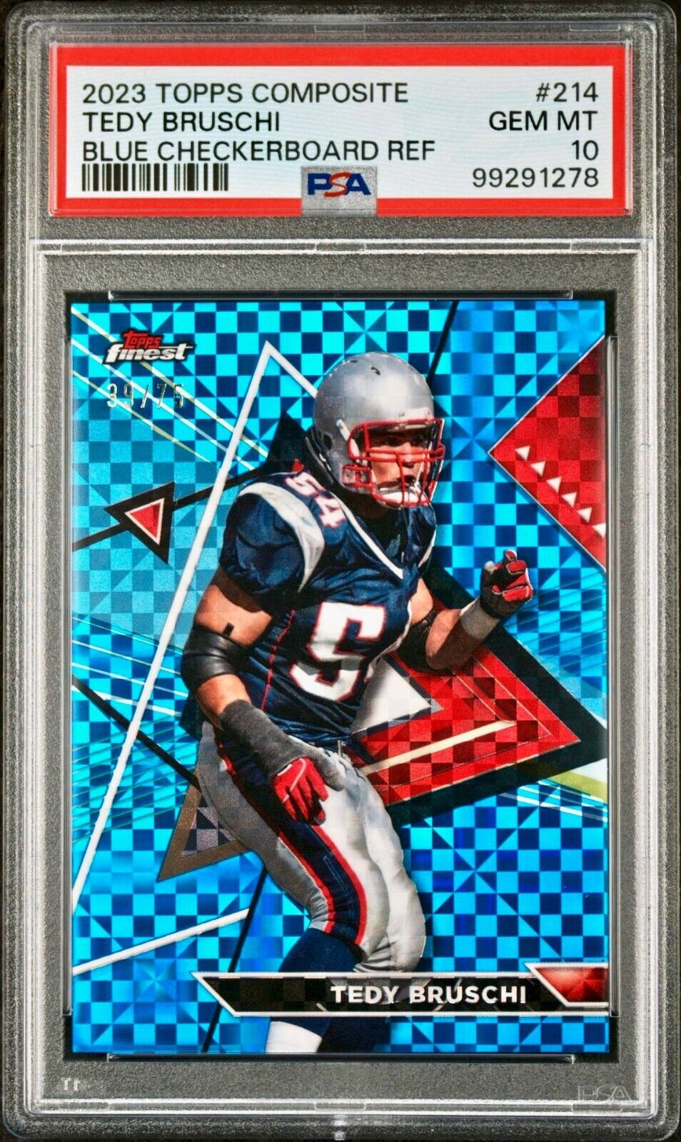 Tedy Bruschi 2023 Topps Finest 214 Blue Checkerboard Refractor 37/75 Card PSA 10