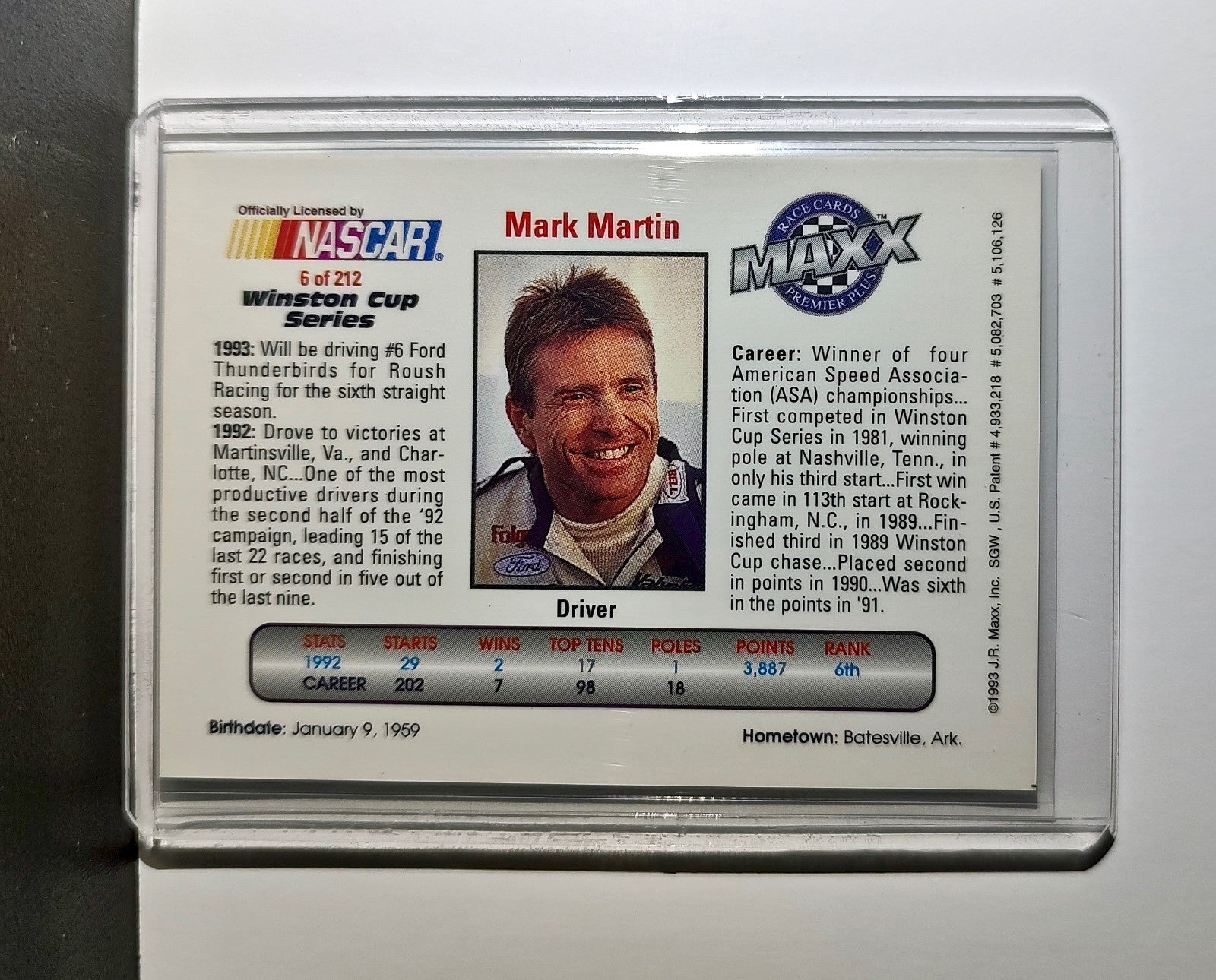 Mark Martin 1993 Maxx Premier Plus Racing #6 NASCAR Card Roush Racing