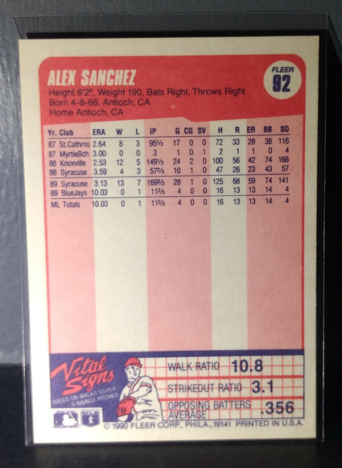 1990 Alex Sanchez Fleer Baseball Card #92