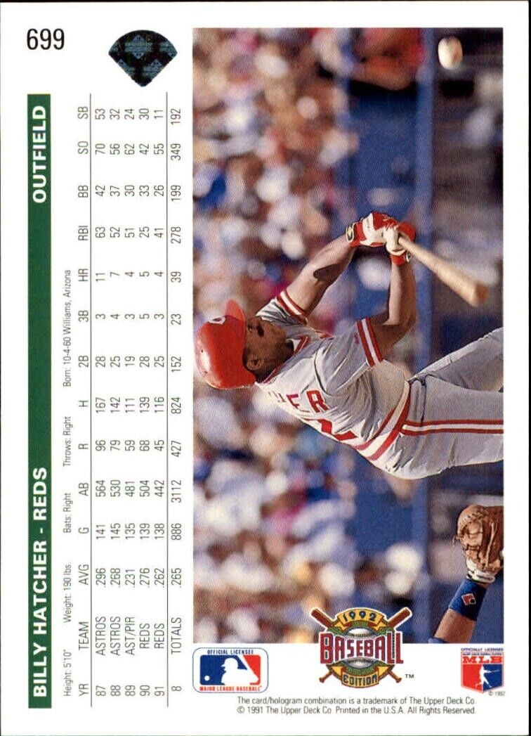 Billy Hatcher 1992 Upper Deck MLB #699 Baseball Card Cincinnati Reds