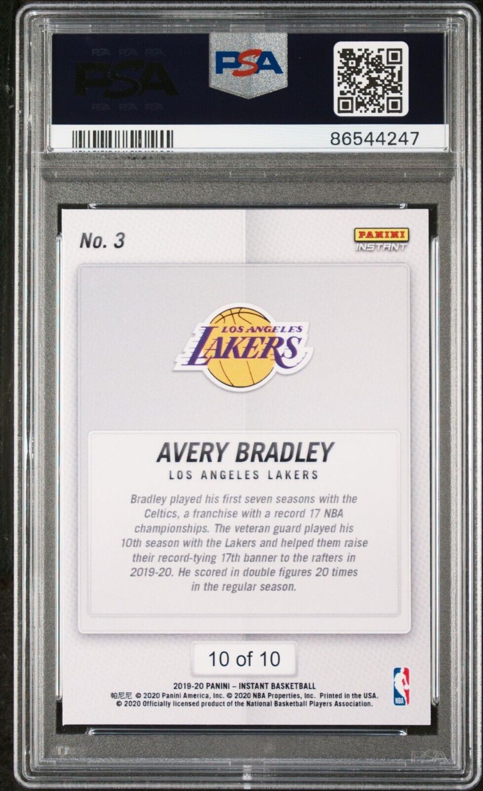 Avery Bradley 2020 Panini LA Lakers NBA Champions #3 Green Card 10/10 PSA 9 Mint