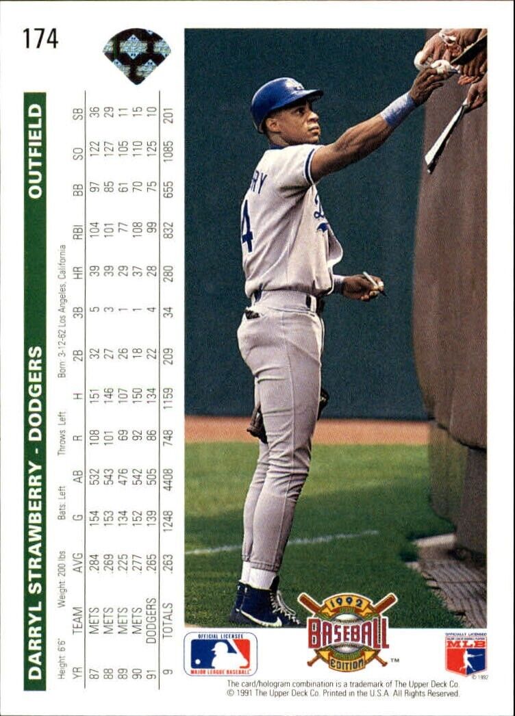 Darryl Strawberry 1992 Upper Deck MLB #174 Baseball Card Los Angeles Dodgers