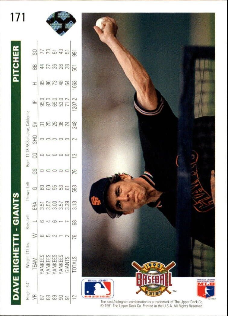 Dave Righetti 1992 Upper Deck MLB #171 Baseball Card San Francisco Giants