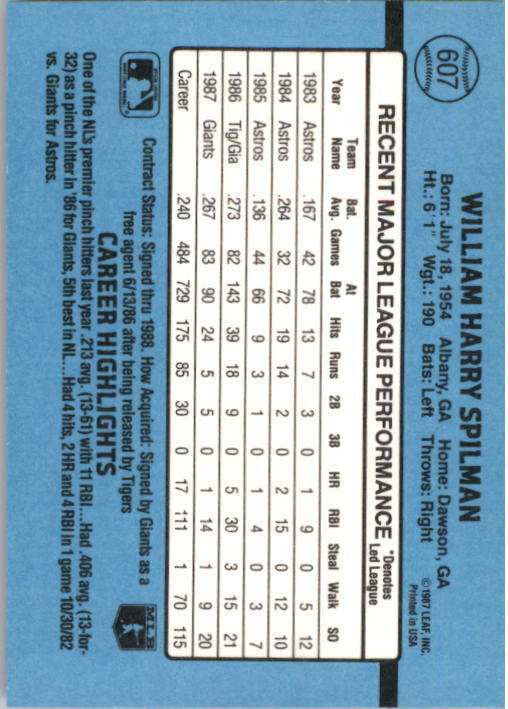 1988 Harry Spilman Donruss Baseball Card #607