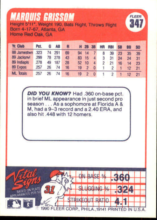 1990 Marquis Grissom Fleer Baseball Card #347