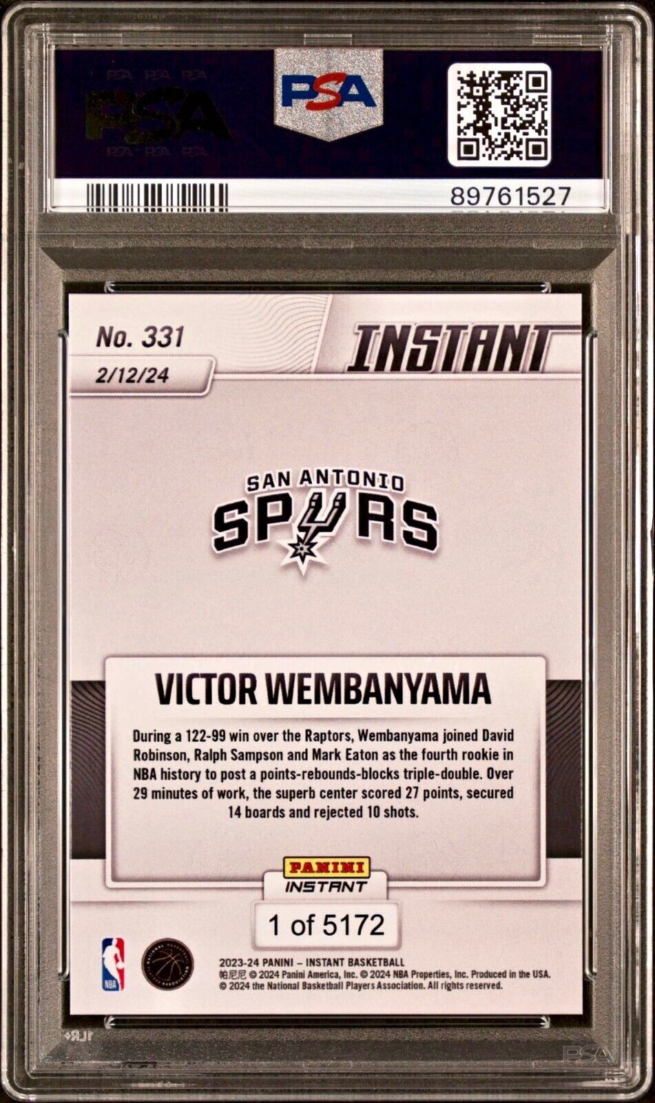 Victor Wembanyama 2023-24 Panini #331 NBA Rookie Card 1 of 5172 PSA 9 MINT