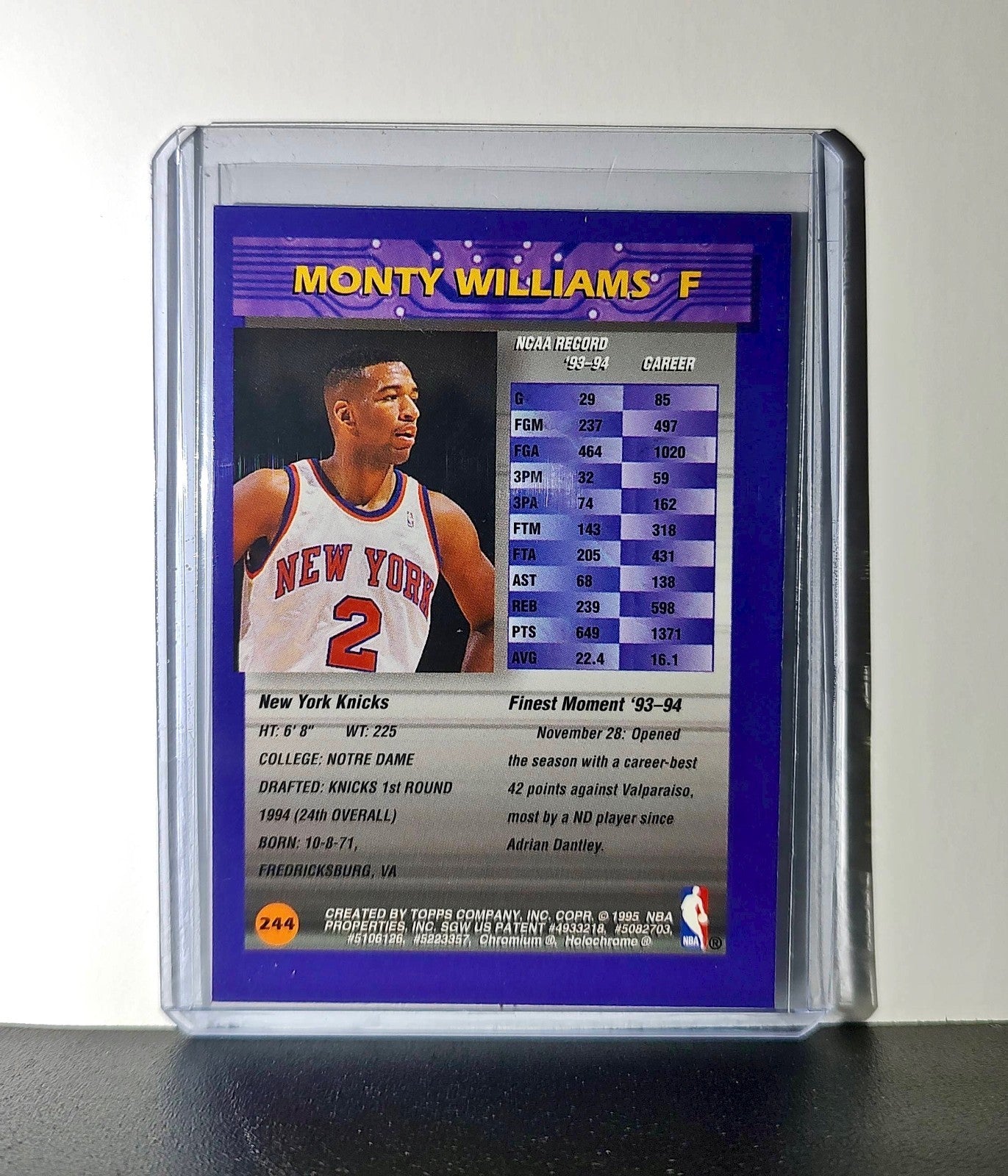 Monty Williams Rookie 1994-95 Topps Finest #244 Card
