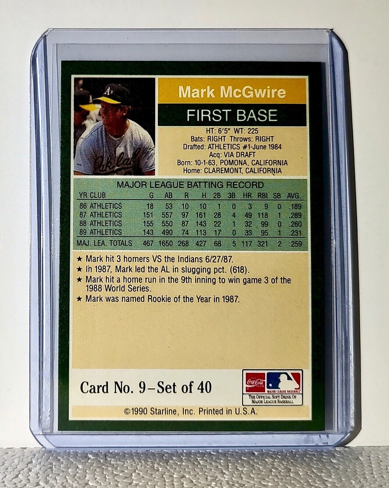 Mark McGwire 1990 Starline MLB #9 Baseball Card Oakland Athletics