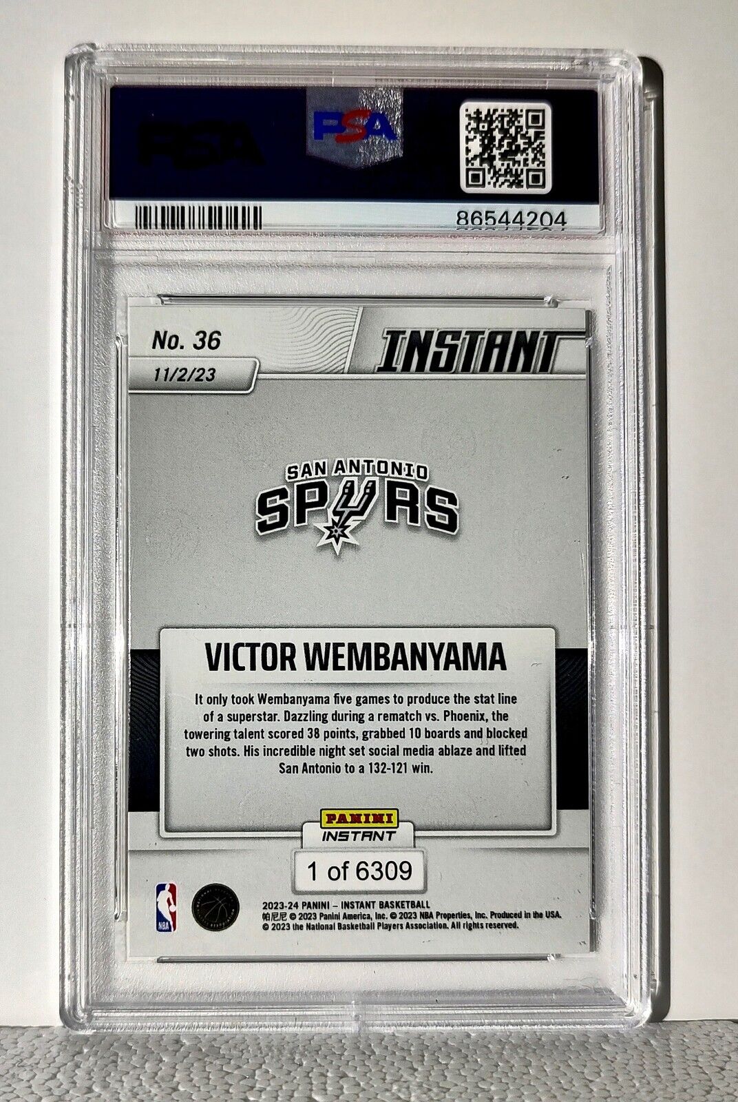 Victor Wembanyama 2023-24 Panini #36 NBA Rookie Card Spurs 1 of 6309 PSA 9 Mint