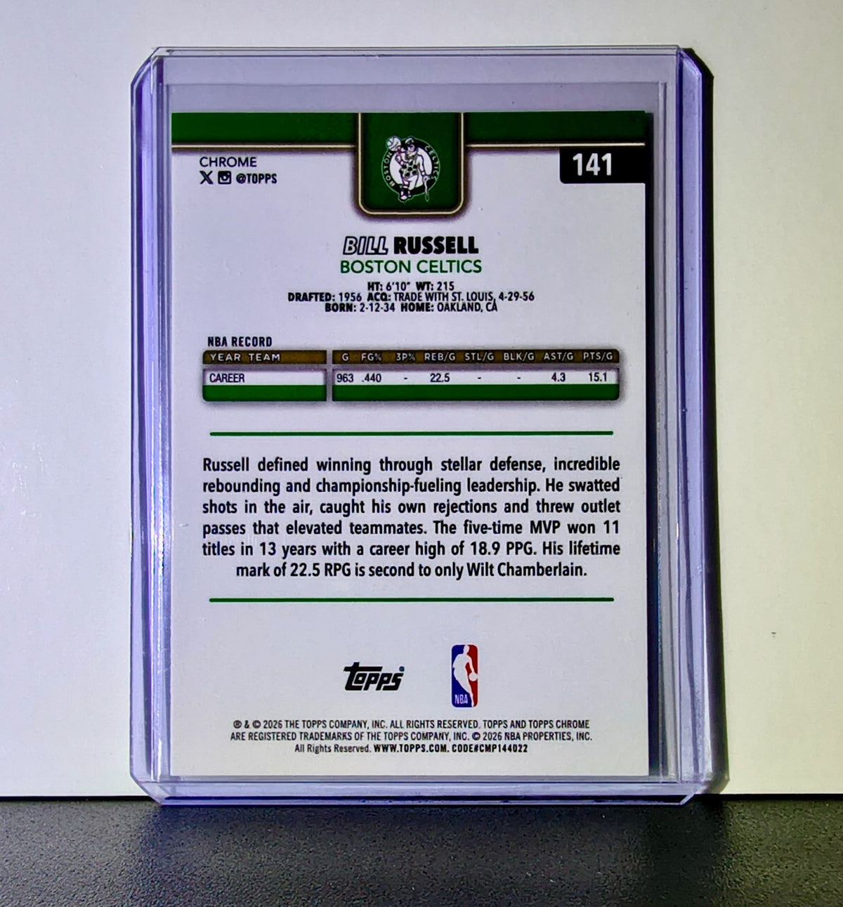 Bill Russell 2025-26 NBA Topps Chrome Update #141 Basketball Card Boston Celtics