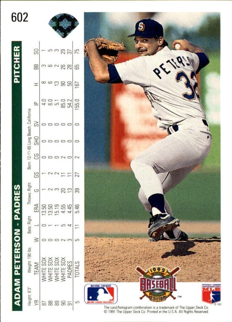 Adam Peterson 1992 Upper Deck MLB #602 Baseball Card San Diego Padres