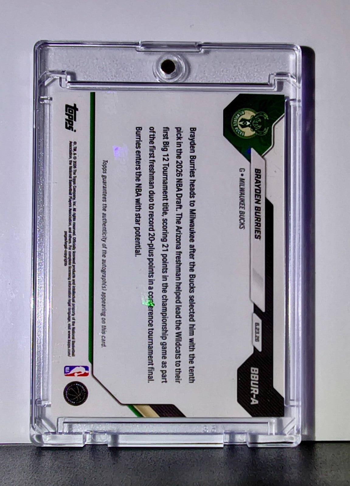 Brayden Burries 2026 Rookie NBA Topps Draft #BBUR-A Autograph Card Bucks 01/10