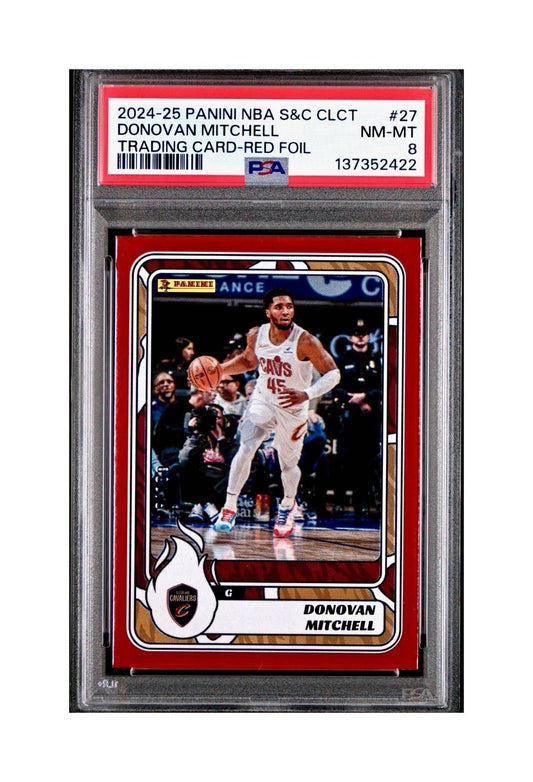 Donovan Mitchell 2024-25 Panini NBA #27 Sticker 9/100 Red Foil PSA 8 NM-MT