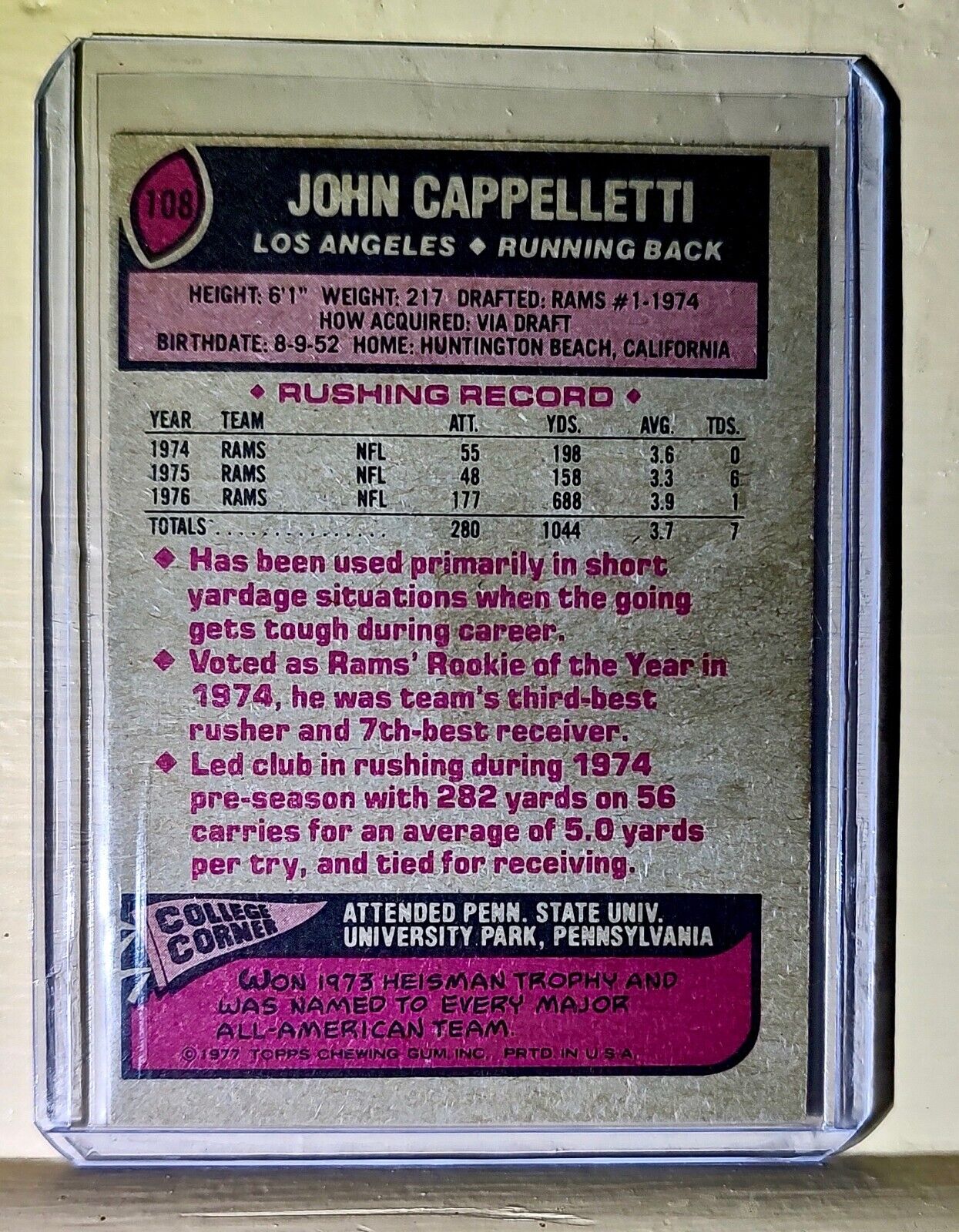 John Cappelletti 1977 Topps Football #108 NFL Card Los Angeles Rams