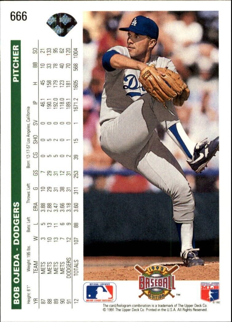 Bob Ojeda 1992 Upper Deck MLB #666 Baseball Card Los Angeles Dodgers