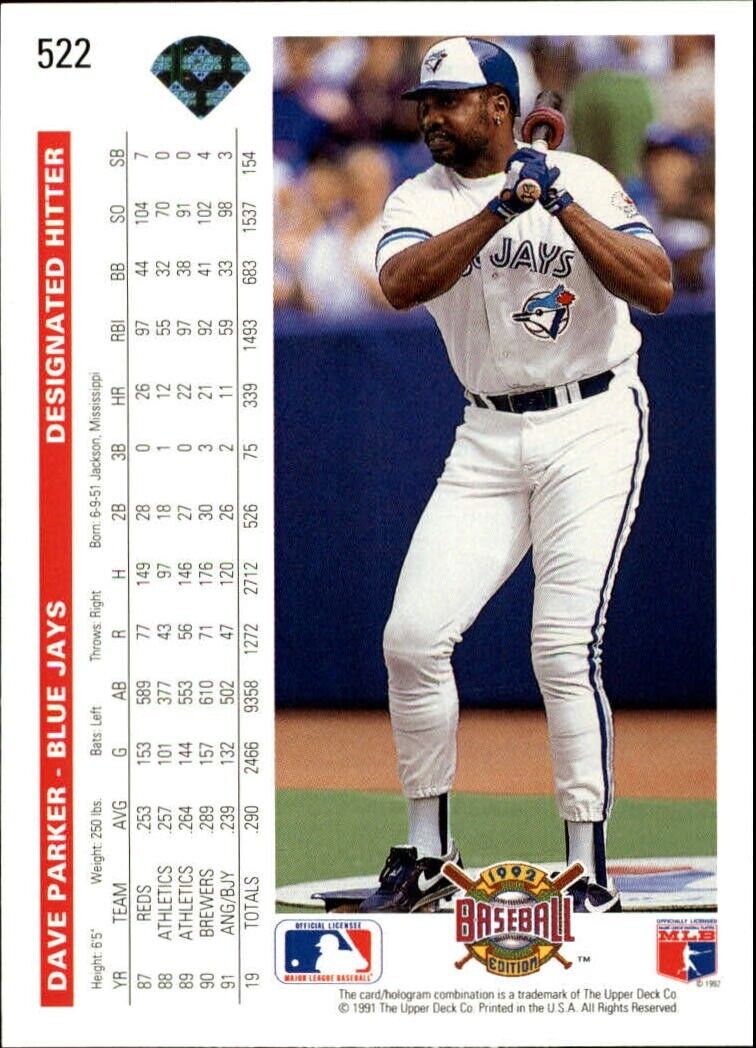 Dave Parker 1992 Upper Deck MLB #522 Baseball Card Toronto Blue Jays