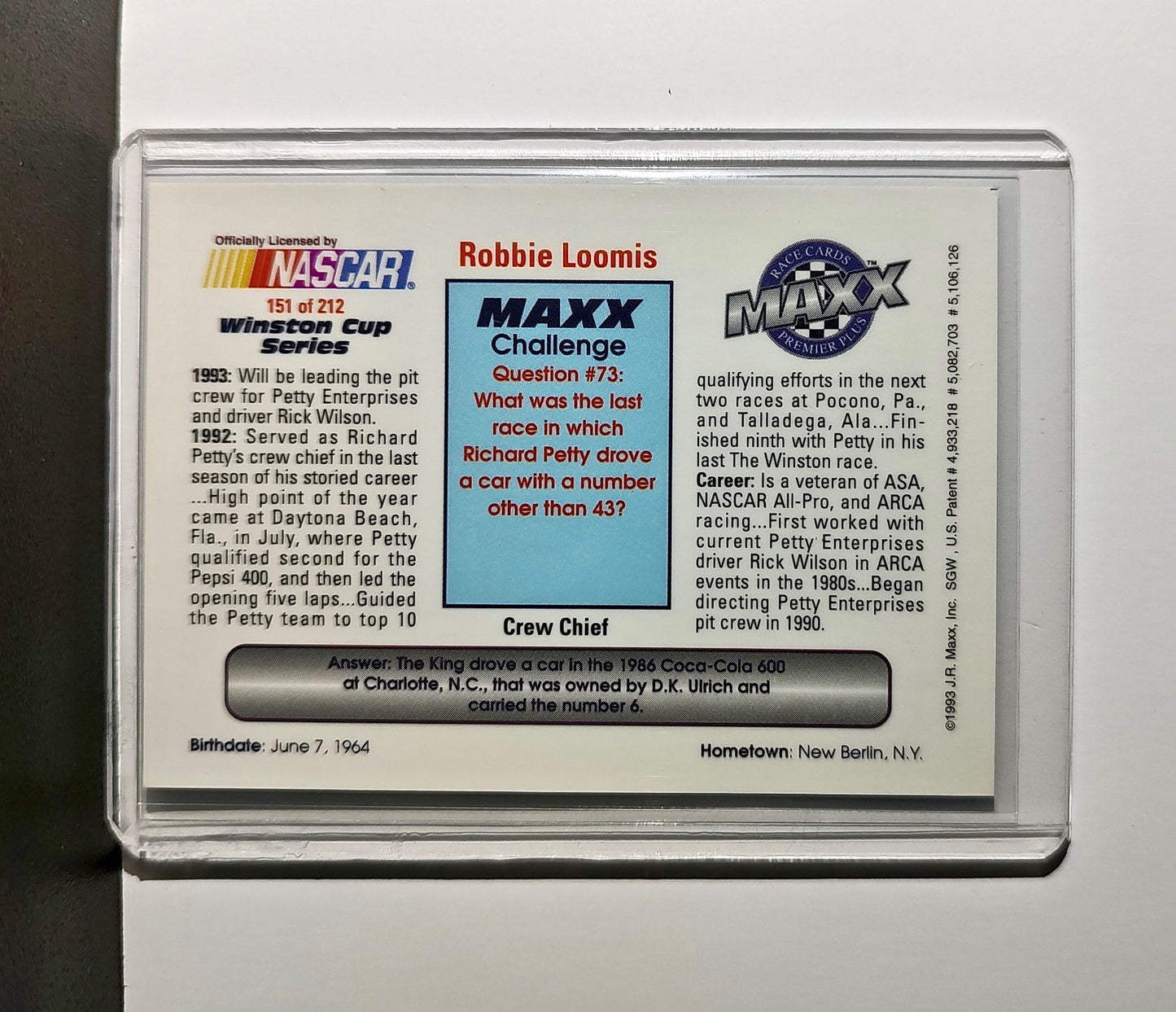 Robbie Loomis 1993 Maxx Premier Plus Racing #151 NASCAR Card Petty Enterprises