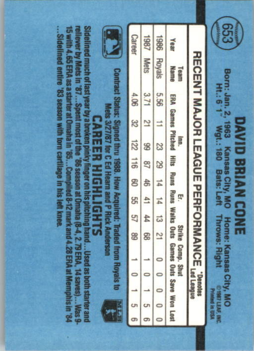 1988 David Cone Donruss Baseball Card #653