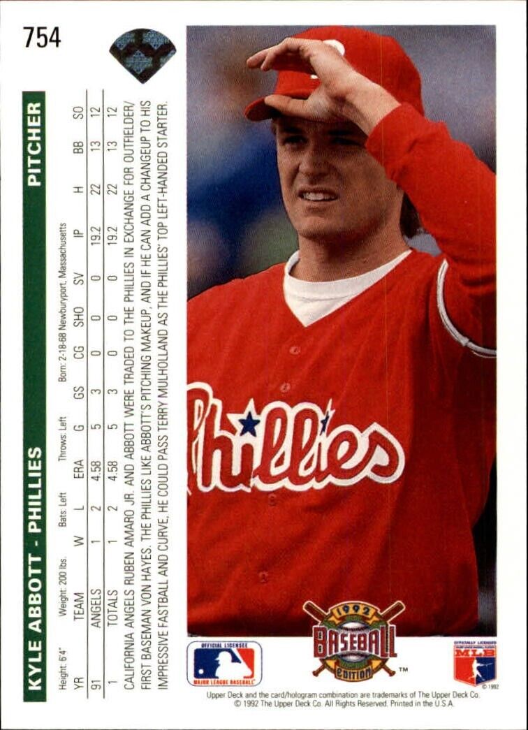 Kyle Abbott 1992 Upper Deck MLB #754 Baseball Card Philadelphia Phillies
