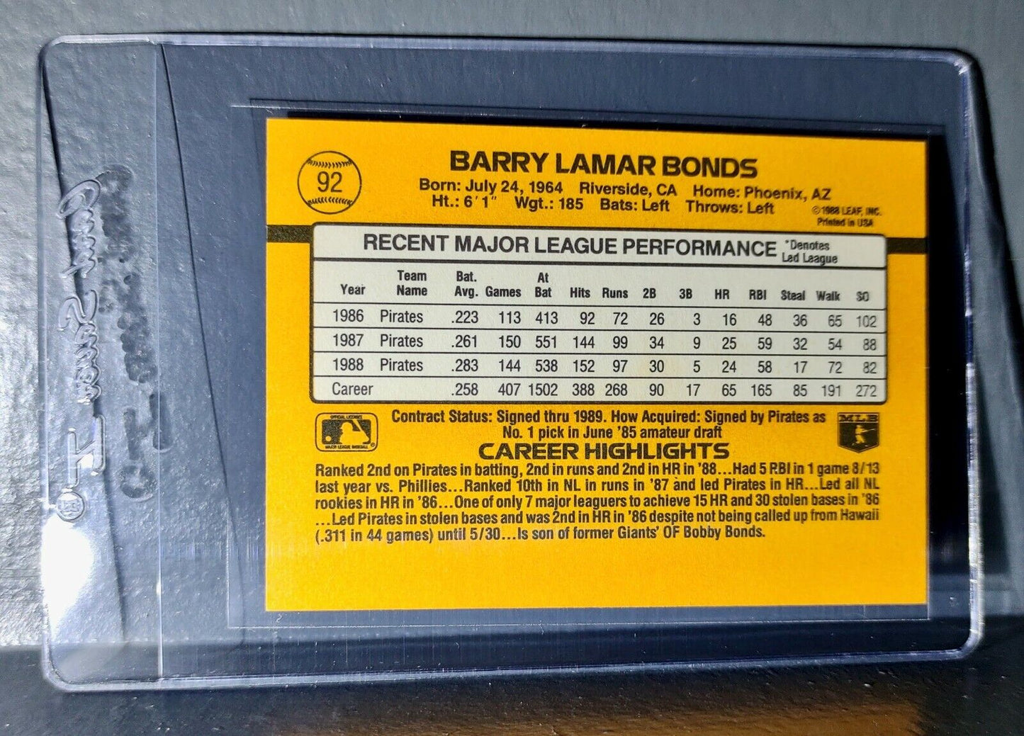 1989 Barry Bonds Donruss Baseball Card #92