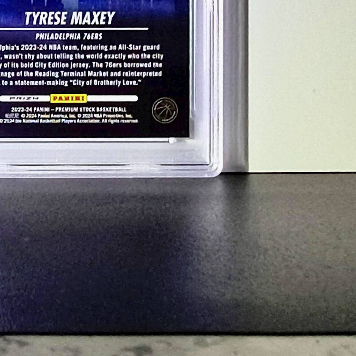 Tyrese Maxey 2023 NBA Panini Hoops Premium #18 City Edition Disco Prizm PSA 8