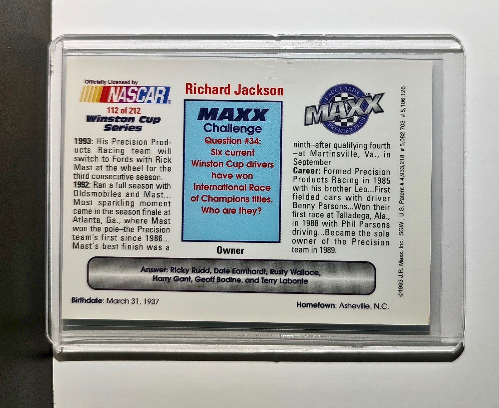 Richard Jackson 1993 Maxx Premier Plus Racing #112 NASCAR Precision Products