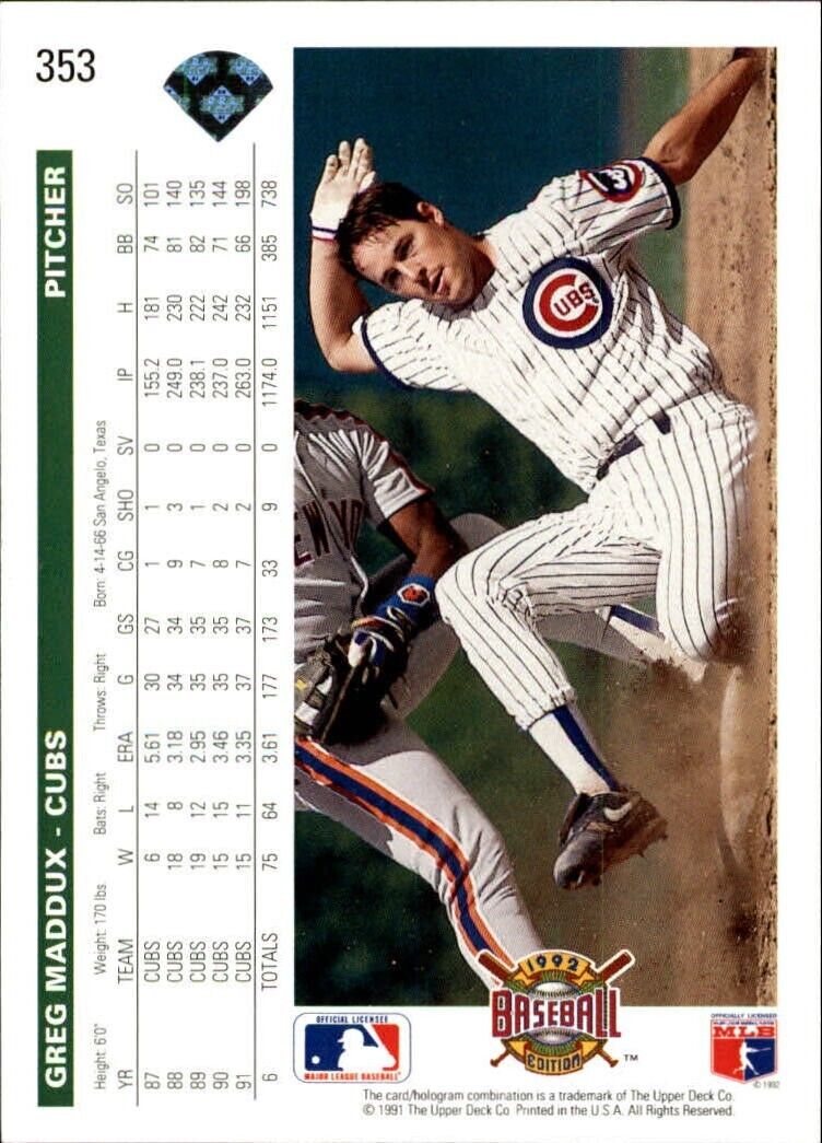 Greg Maddux 1992 Upper Deck MLB #353 Baseball Card Chicago Cubs