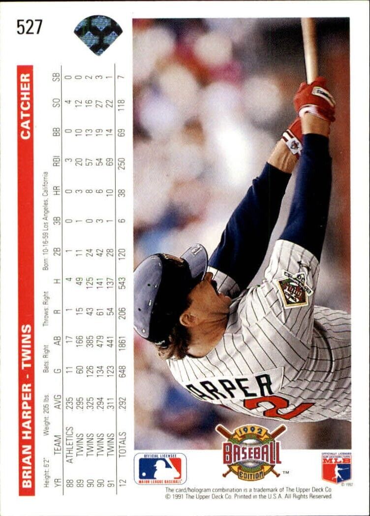 Brian Harper 1992 Upper Deck MLB #527 Baseball Card Minnesota Twins