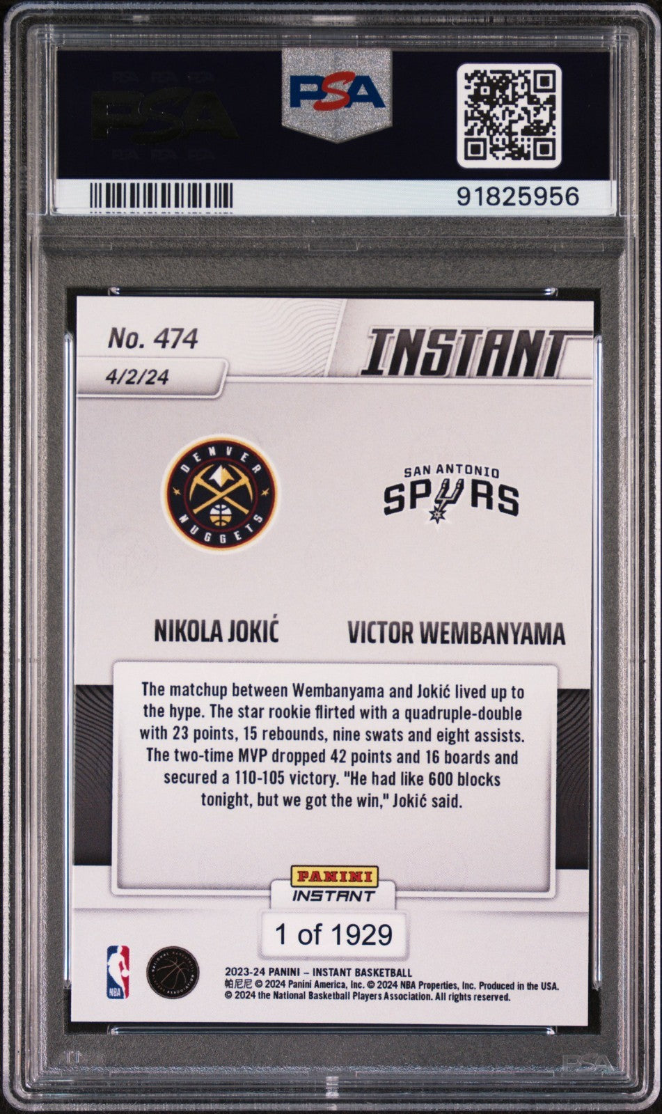 Nikola Jokic / Victor Wembanyama 2023-24 Panini #474 NBA Card PSA 10 Gem Mint
