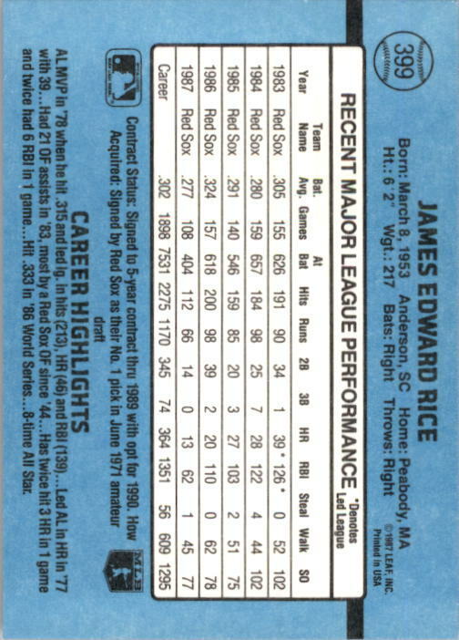 1988 Jim Rice Donruss Baseball Card #399