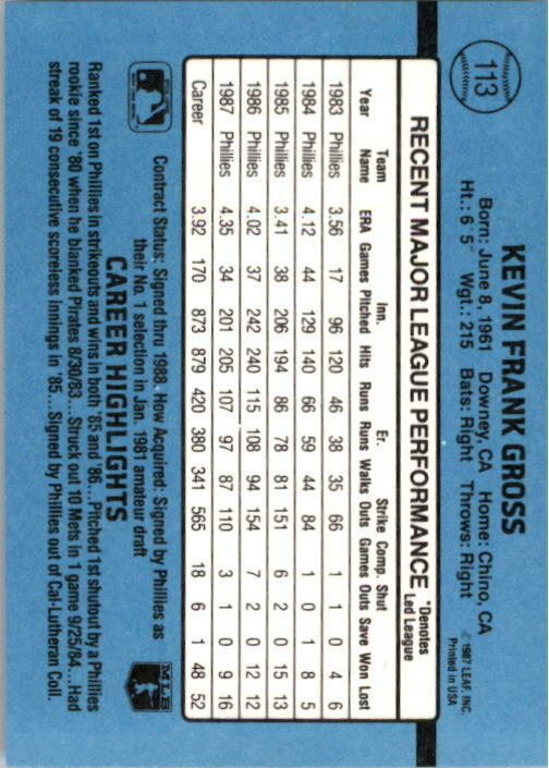 1988 Kevin Gross Donruss Baseball Card #113