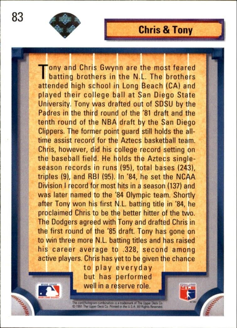 Tony/Chris Gwynn 1992 Upper Deck MLB #83 Baseball Card Los Angeles Dodgers