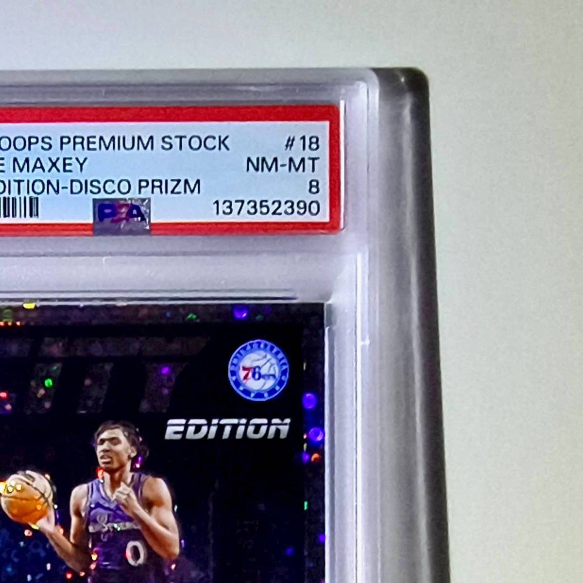 Tyrese Maxey 2023 NBA Panini Hoops Premium #18 City Edition Disco Prizm PSA 8