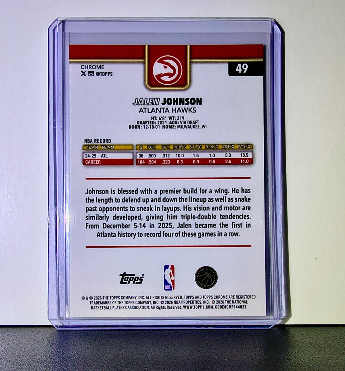 Jalen Johnson 2025-26 NBA Topps Chrome Update #49 Basketball Card Atlanta Hawks