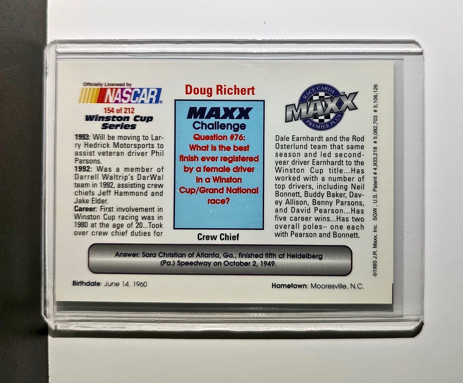 Doug Richert 1993 Maxx Premier Plus Racing #154 NASCAR Card DARWAL Inc.