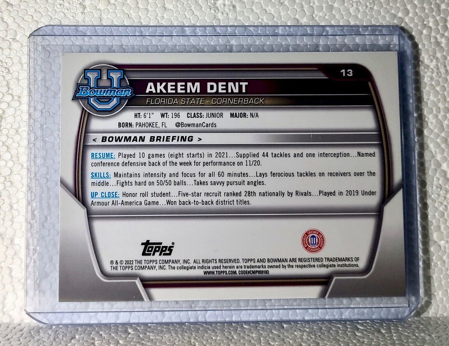 Akeem Dent 2022 Topps 1st Bowman U Football #13 Card Florida State