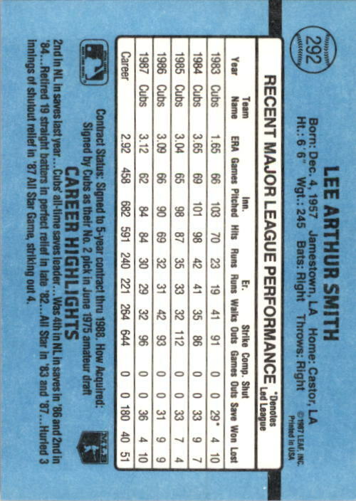 1988 Lee Smith Donruss Baseball Card #292