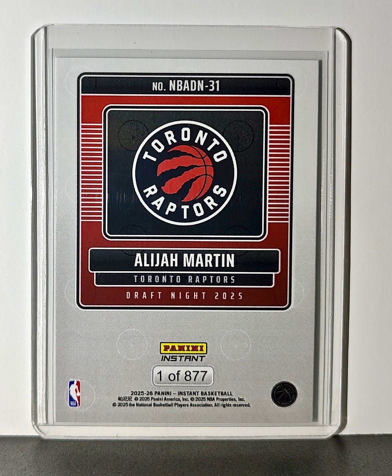 Alijah Martin Rookie 2025-26 Panini NBA #31 Draft Night Card Toronto Raptors