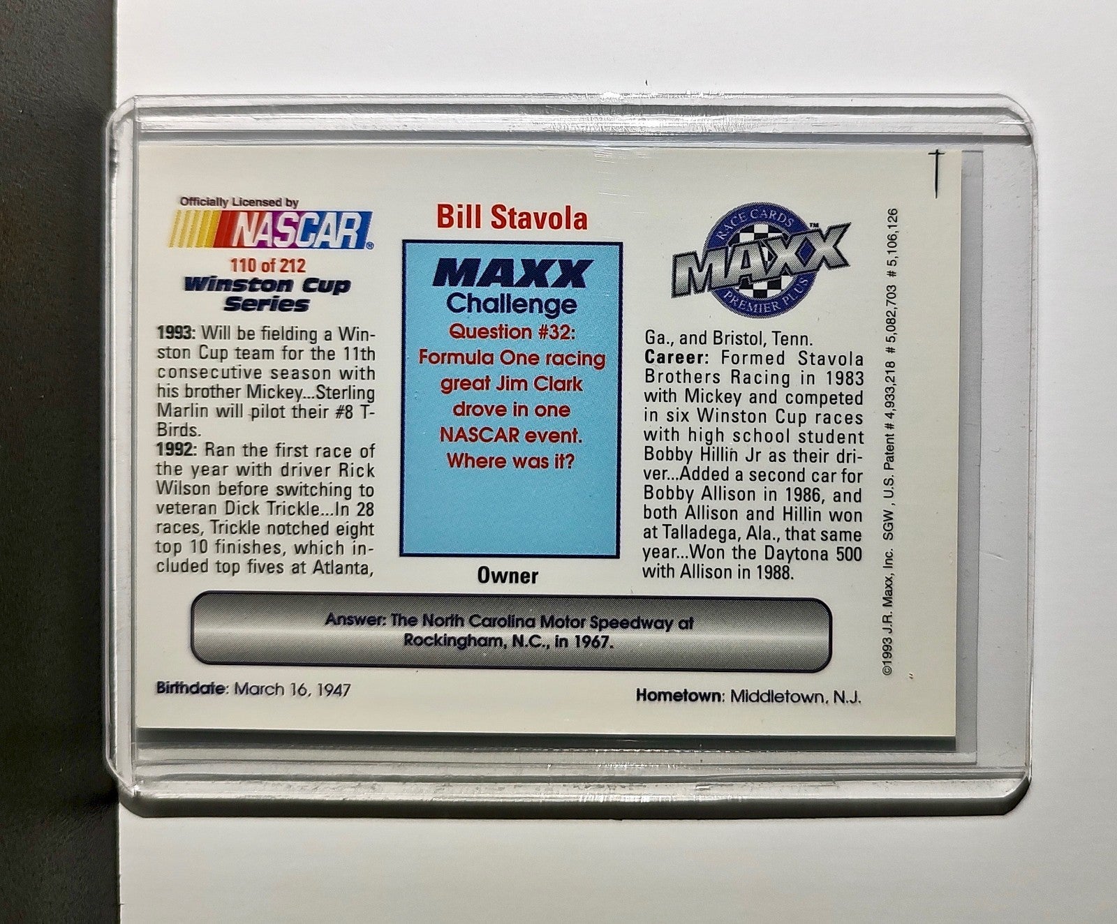 Bill Stavola 1993 Maxx Premier Plus Racing #110 NASCAR Stavola Brothers Racing