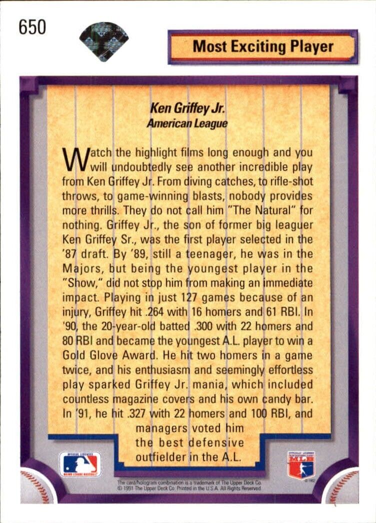 Ken Griffey Jr. 1992 Upper Deck MLB #650 DS Baseball Card Seattle Mariners